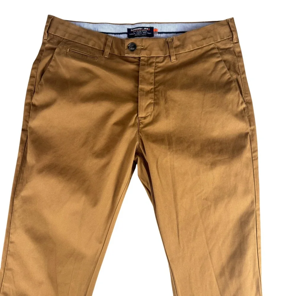 Superdry JPN Mens City Slim Chino Pants Tobacco Brown Size L 35x31.5